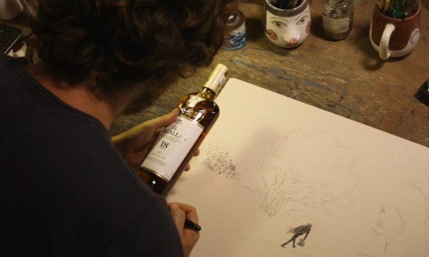 Spanish illustrator Javi Aznarez works on a new advertising campaign for The Macallan.
