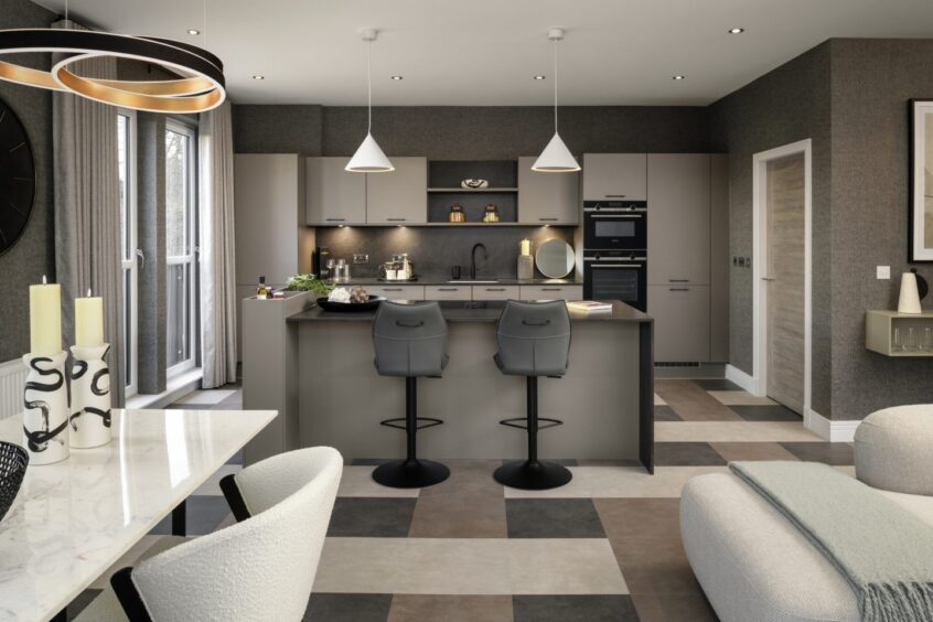 The kitchen in the luxury Aberdeen penthouse, monochrome tones and a modern feel