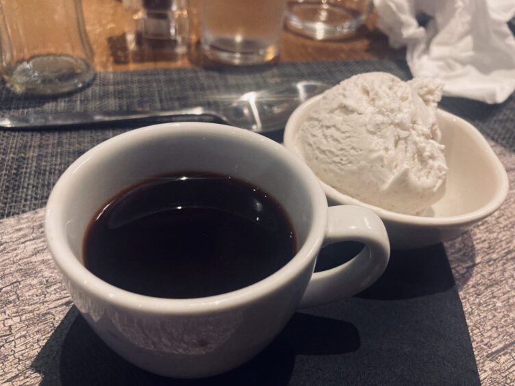 A black coffee and scoop of vanilla ice cream, known as Affogato, at the Westerwood Hotel Grill.
