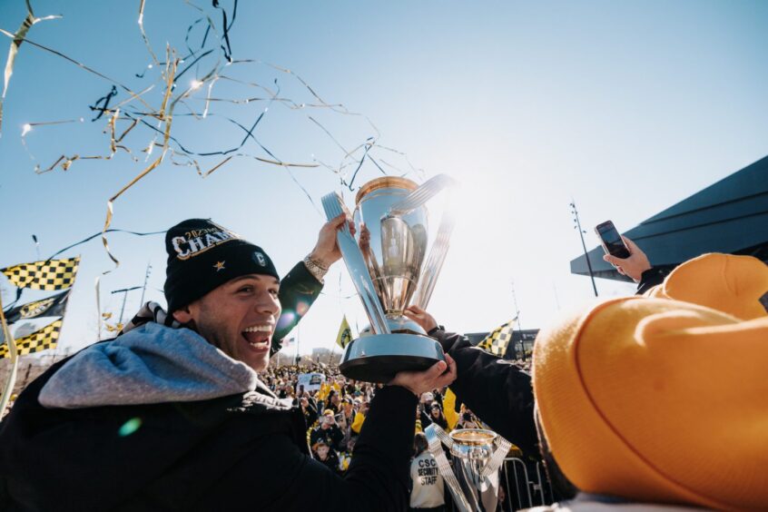 Christian Ramirez during the homecoming parade to celebrate the MLS Cup win. Image: Columbus Crew FC.
