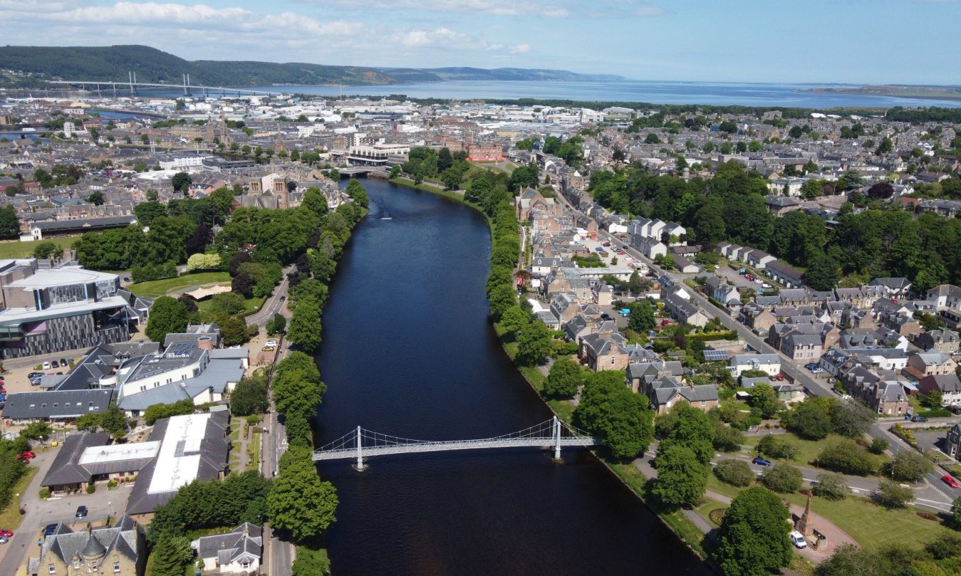 Aerial view of River Ness in Inverness. 