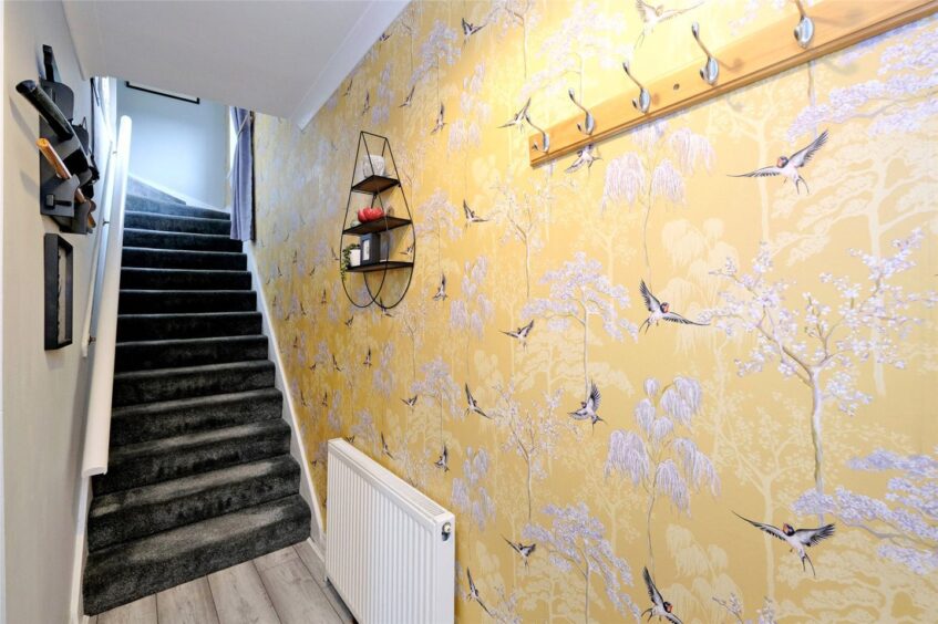 Colourful entrance at Lea Cottages, featuring yellow wallpaper with bird motifs.