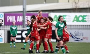 Aberdeen Women celebrate after completing the comeback in a 4-3 win against Dundee United in the SWPL.
