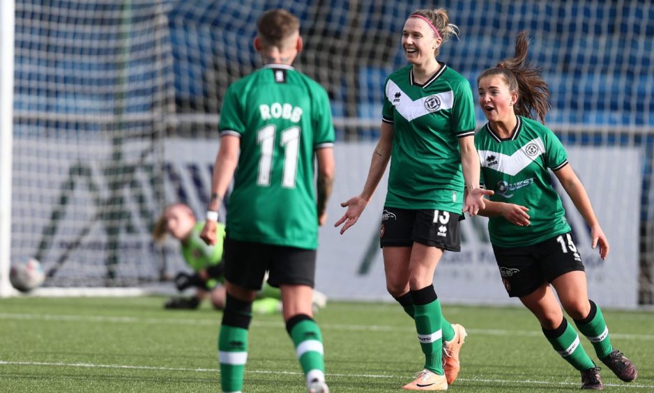 Dundee United celebrate taking the lead against Aberdeen Women in a SWPL fixture at Balmoral Stadium.