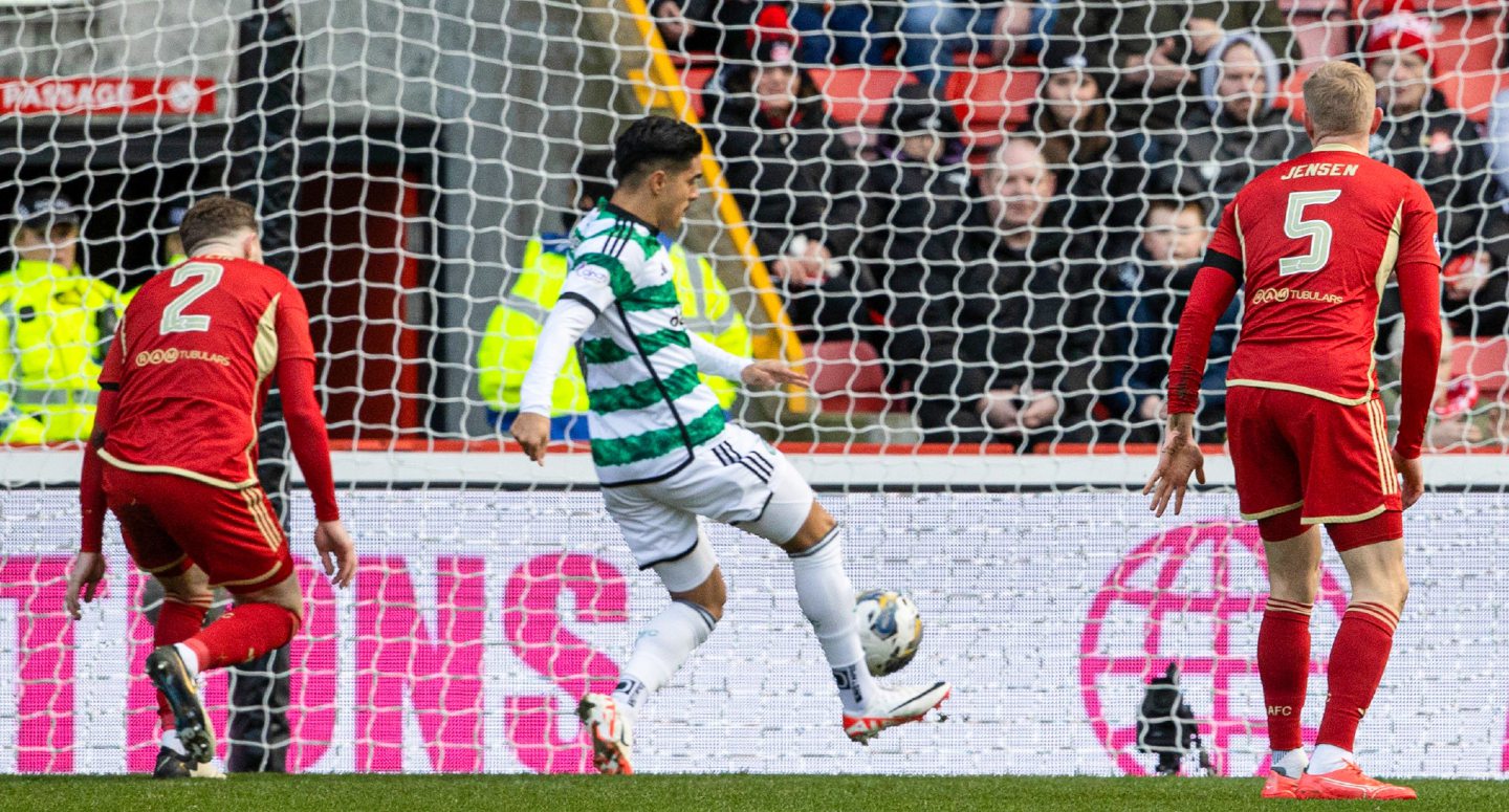 Celtic's Luis Palma scores against Aberdeen before his goal is ruled as offside by VAR. Image: SNS