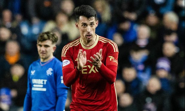 Bojan Miovski celebrates netting against Rangers at Ibrox. Image: SNS