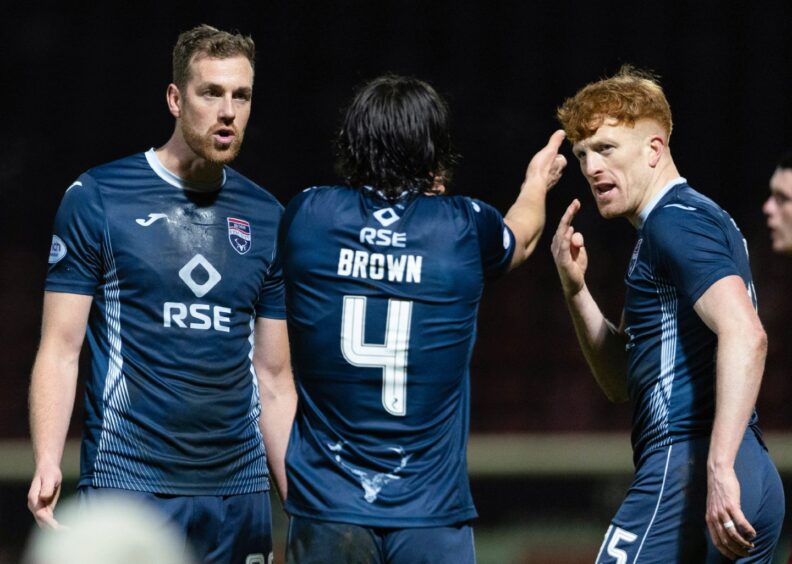 Ross County's Jordan White, James Brown and Simon Murray during their Premiership hammering at Motherwell. Image: SNS.