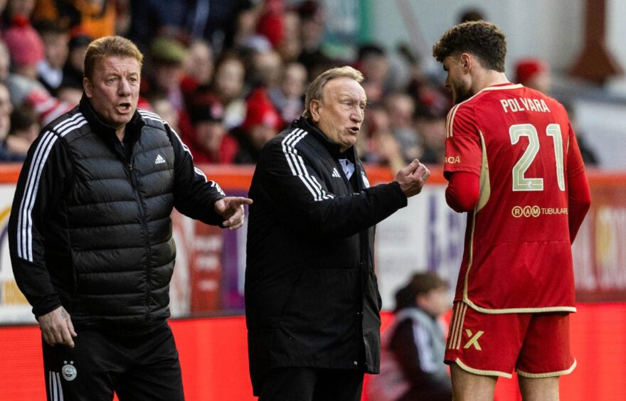 Aberdeen manager Neil Warnock with Dante Polvara. Image: SNS.