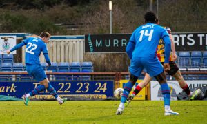 Nathan Shaw fires Caley Thistle 3-2 ahead against Partick Thistle., but the game ended in a 3-3 draw.