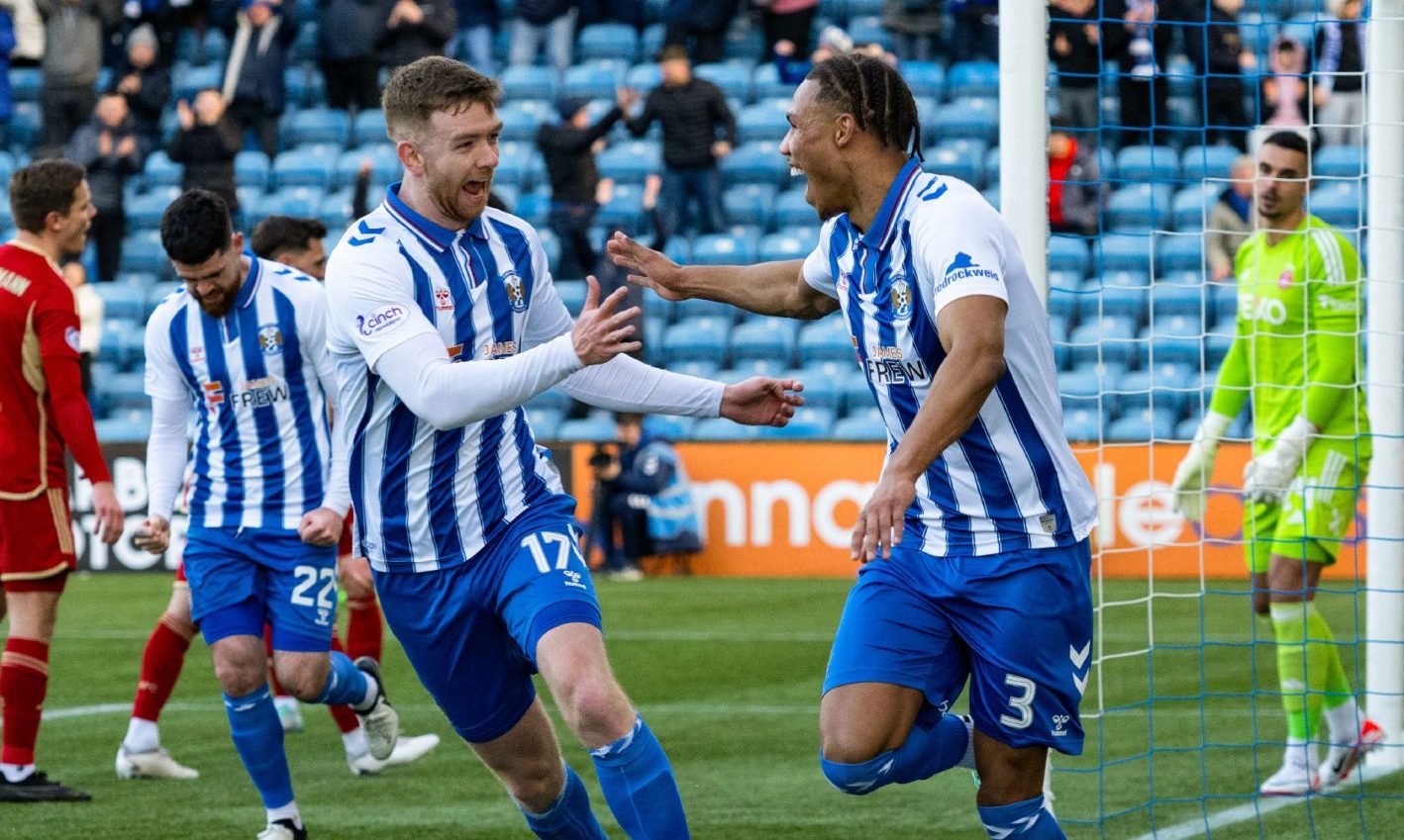 Kilmarnock's Corrie Ndaba celebrates with Stuart Findlay after scoring to make it 1-0 during a cinch Premiership match between Kilmarnock and Aberdeen at Rugby Park, on February 24, 2024, in Kilmarnock, Scotland.