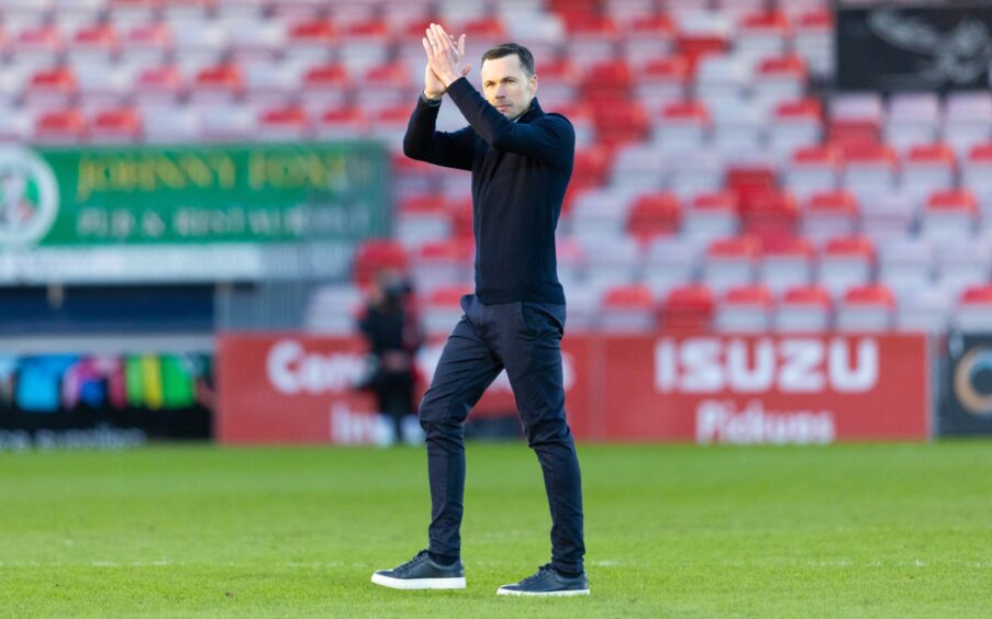 Ross County interim manager Don Cowie celebrates at full-time against Livingston. Image: SNS.