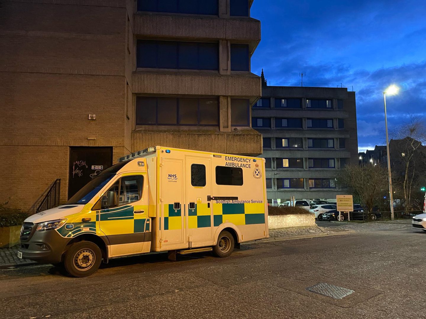 Ambulance parked around the corner on Mealmarket Street.