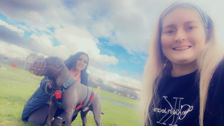 Sophie Tait and Lauren Nicole Brown with Bruno, the XL Bully-type dog abandoned in Sunderland.