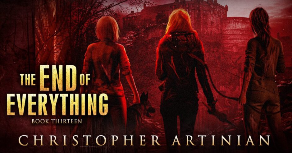 The End of Everything book 13 cover with three people looking at a building in a blood red light. 