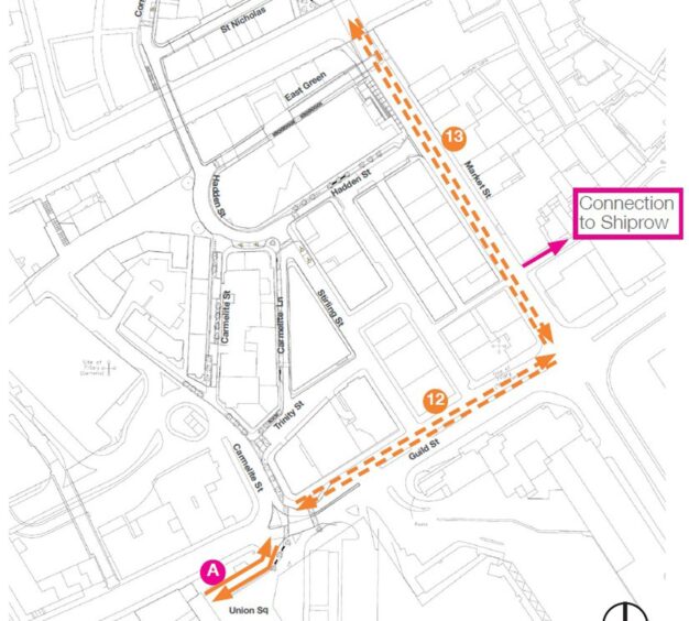 The proposed segregated bike lane around the Merchant Quarter - using Market Street and Guild Street. Image: Fairhurst/Aberdeen City Council