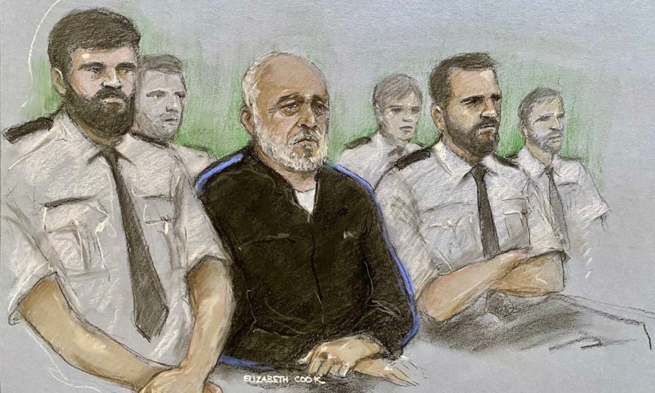 Artist drawing of Piran Ditta Khan at Leeds Crown Court charged with the 2005 murder of Pc Sharon Beshenivsky. 