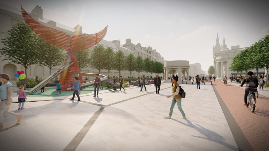 Previously released design images of the Castlegate in Aberdeen city centre - before roads bosses promised to add a segregated bike lane to the space. Image: Aberdeen City Council