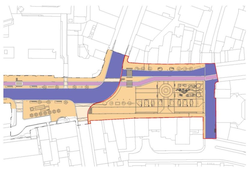 The blue lane across the Castlegate in Aberdeen city centre is the proposed bus lane. The purple lane crossing the historic square from Union Street is a segregated bike lane. Image: Aberdeen City Council