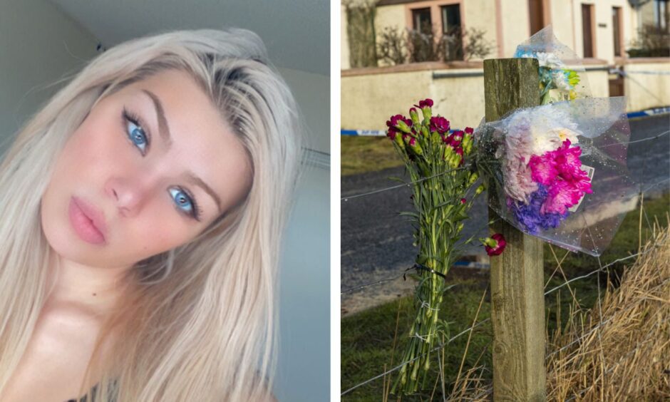 Claire Leveque headshot and floral tributes left for the 24-year-old in Sandness, Shetland, following her death.