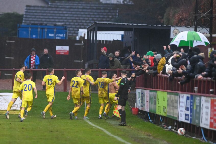 Buckie celebrate Max Barry's winner against Brechin City in a Highland League fixture at Glebe Park.