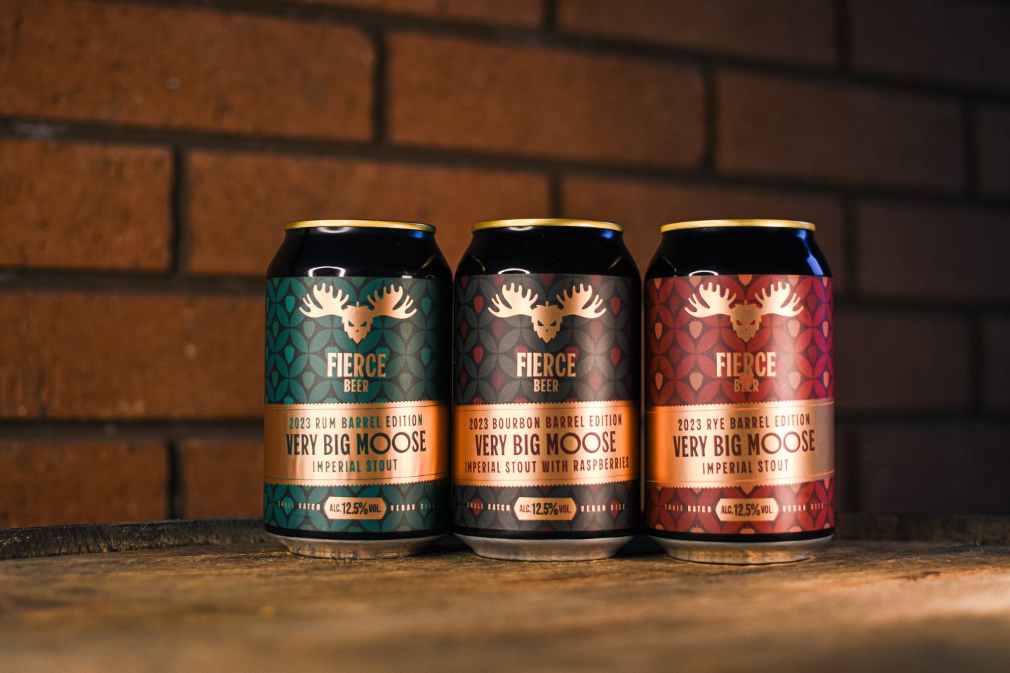 The three current versions of Fierce Beer's Very Big Moose in cans. 