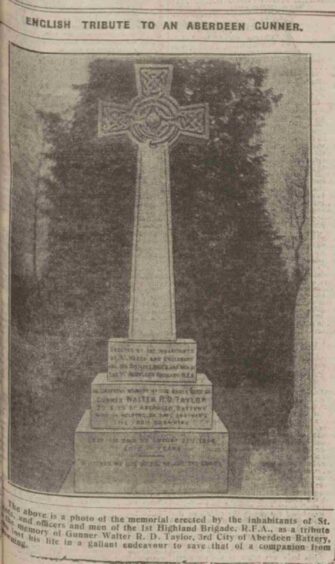 The memorial for Gunner Walter R D Taylor of Aberdeen pictured in the Aberdeen Weekly Journal on Feb 19, 1915.
