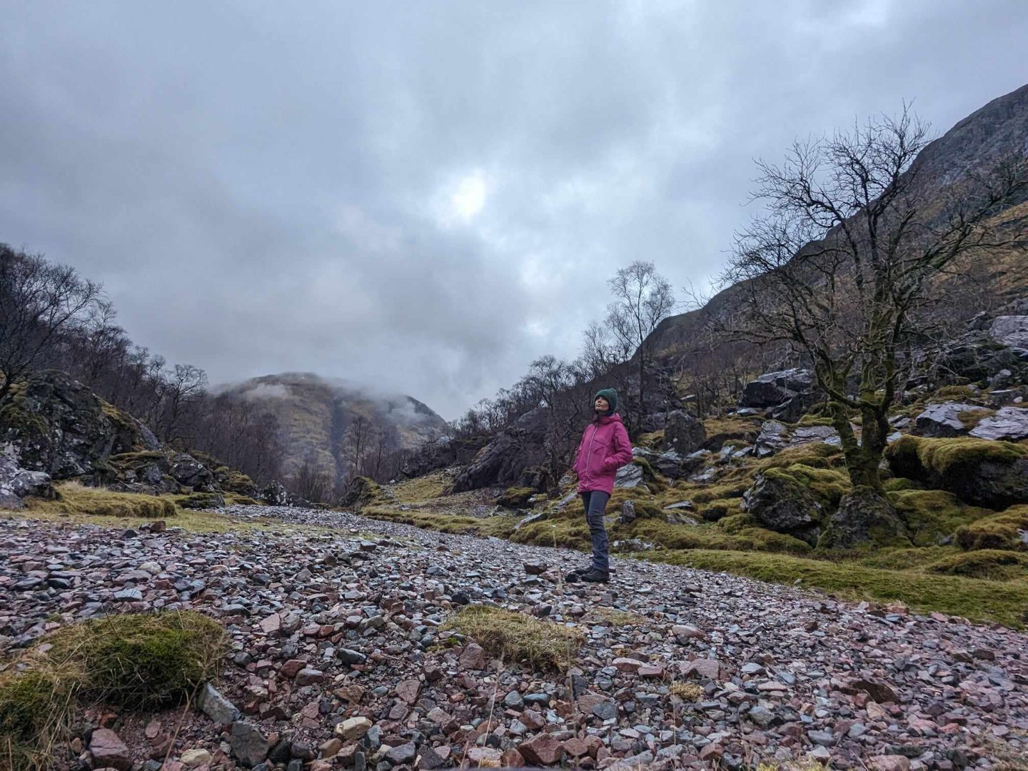 Gayle in the gloaming at the Lost Valley of Glencoe.
