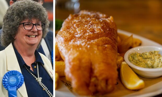 A headshot of Ellon councillor Gillian Owen next to a photo of some fish and chips.