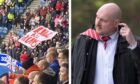 Aberdeen fan Neale Ross was cleared of holding an offensive banner at Ibrox. Image: Twitter / Spindrift
