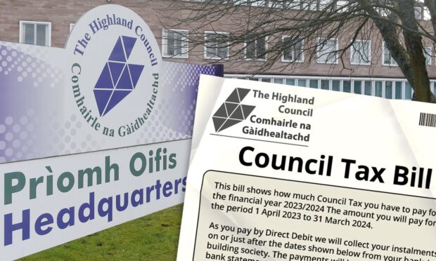 Collage of Highland Council HQ and a council tax bill.