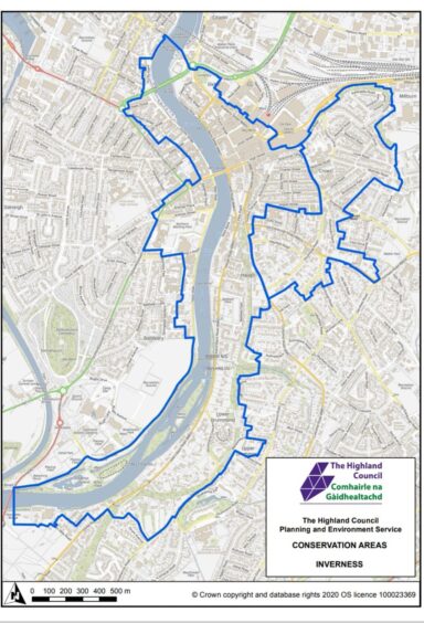 A map showing conservation areas of Inverness.