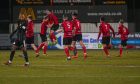 Mark Souter, fourth from left, celebrates scoring for Inverurie Locos against Formartine United. Pictures by Darrell Benns/DCT Media.