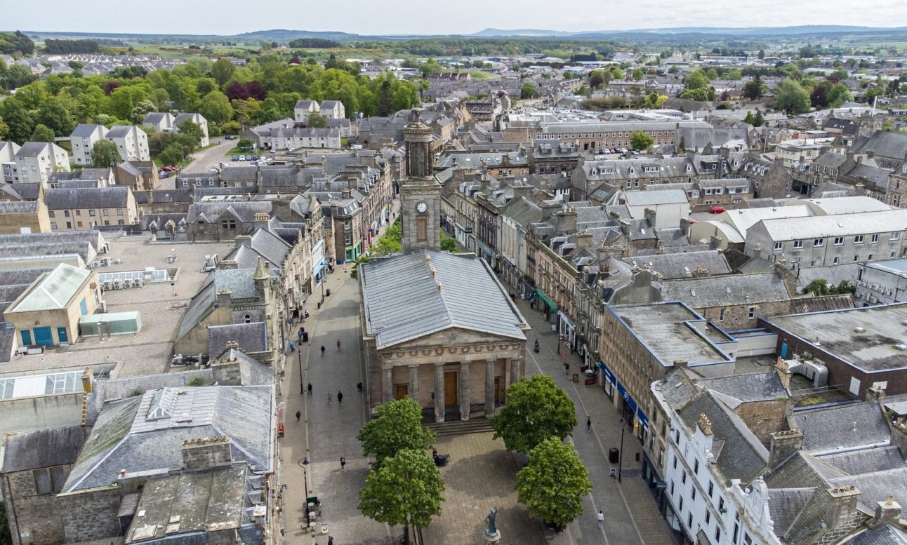 Drone image of Elgin town centre looking down on St Giles Church. 