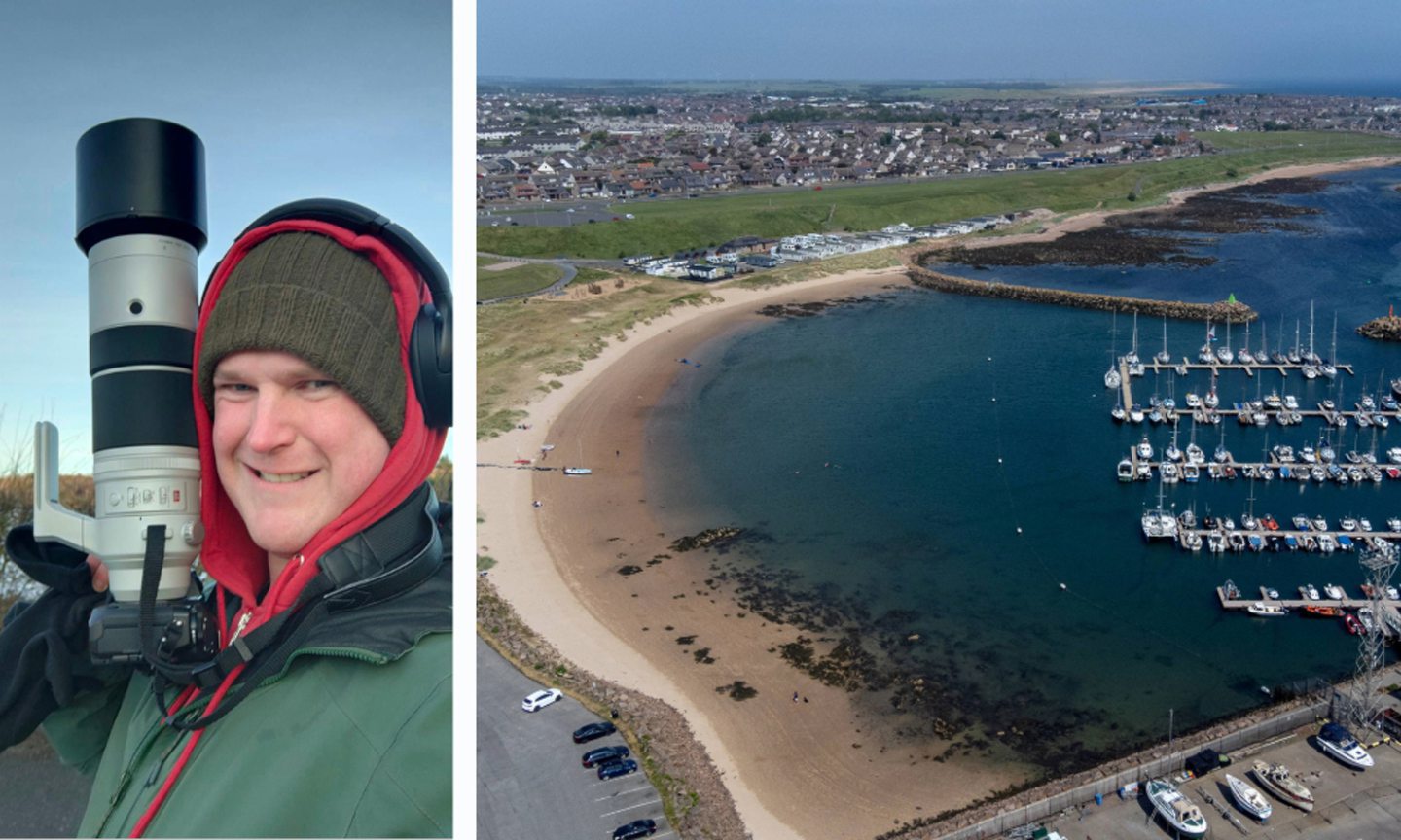 Jamie Robertson, who has launched a youtube series and an aerial shot of Peterhead marina on the right.
