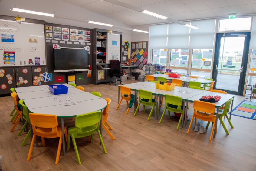 A classroom with colourful chairs and decorations