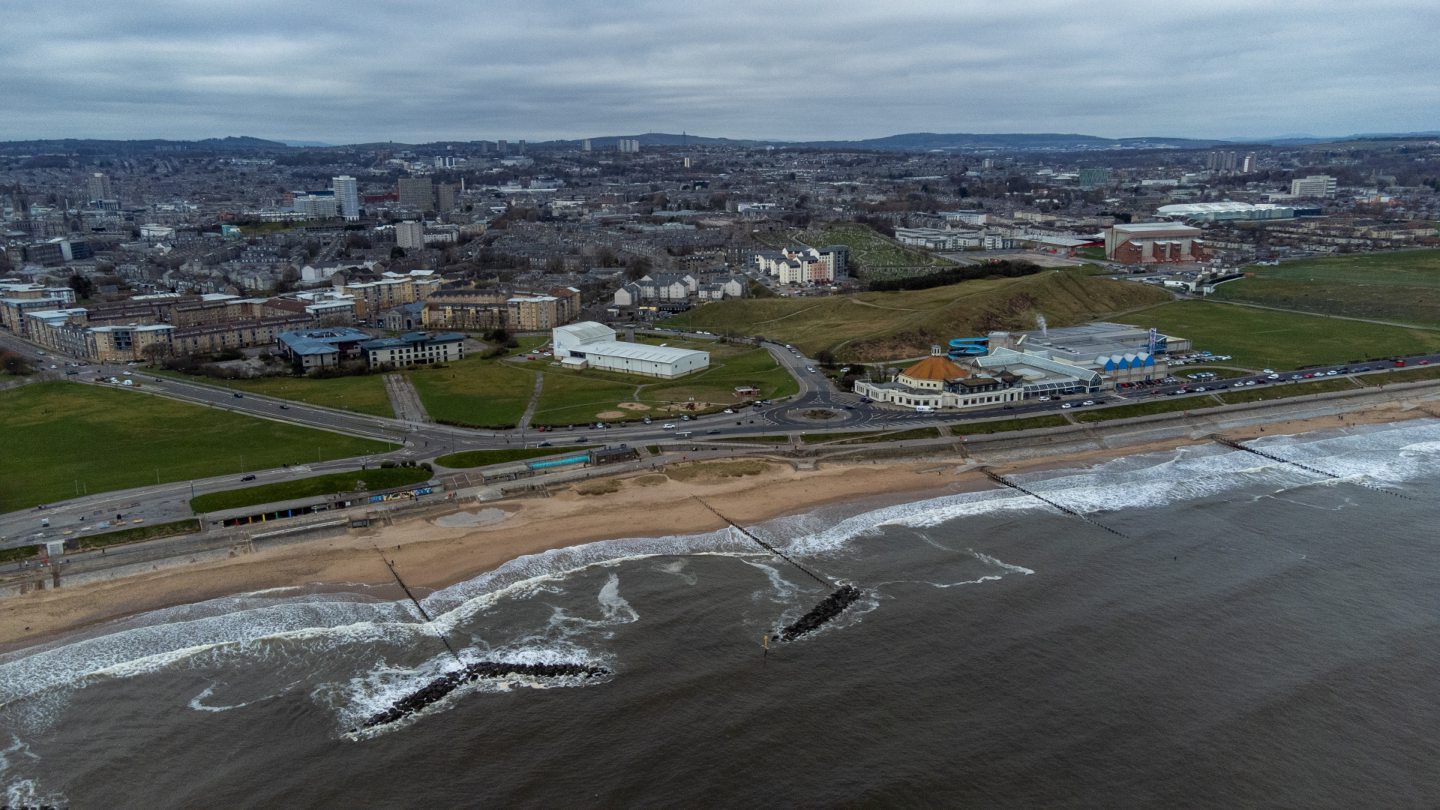 View of Aberdeen from sea by drone. 