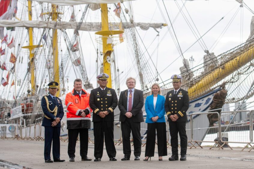 Roule Wood, in light blue, met with Lieutenant Colonel Doni, CCO Roddy James, captain of the ship M.Sati Lubis, council co-leader Ian Yuill, and Lieutenant Commander Rendra as Tall Ships stopped in Aberdeen in 2023.Image: Kath Flannery/DC Thomson