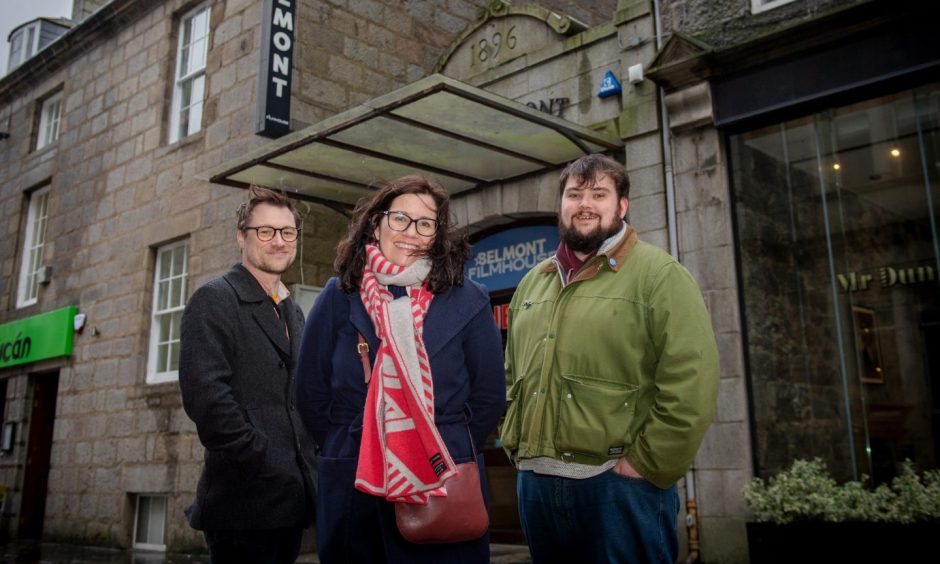 Dallas King, Sarah Dingwall and Jacob Campbell photographed outside Belmont Cinema.
