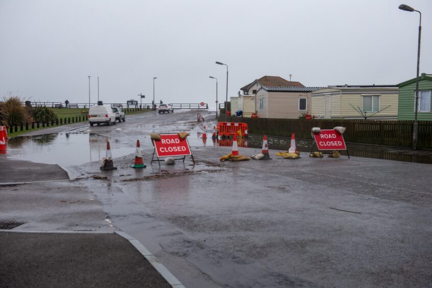 A road closed sign was erected, blocking off access to Stonehaven seafront.
