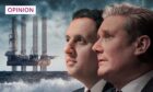 Labour leaders Keir Starmer and Anas Sarwar with a picture of an north sea oil rig