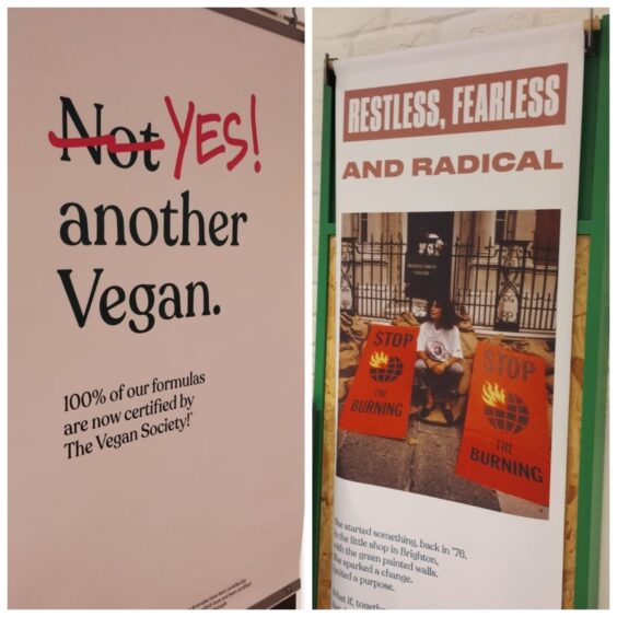 Body Shop posters stating the company's commitment to environmental sustainability.
