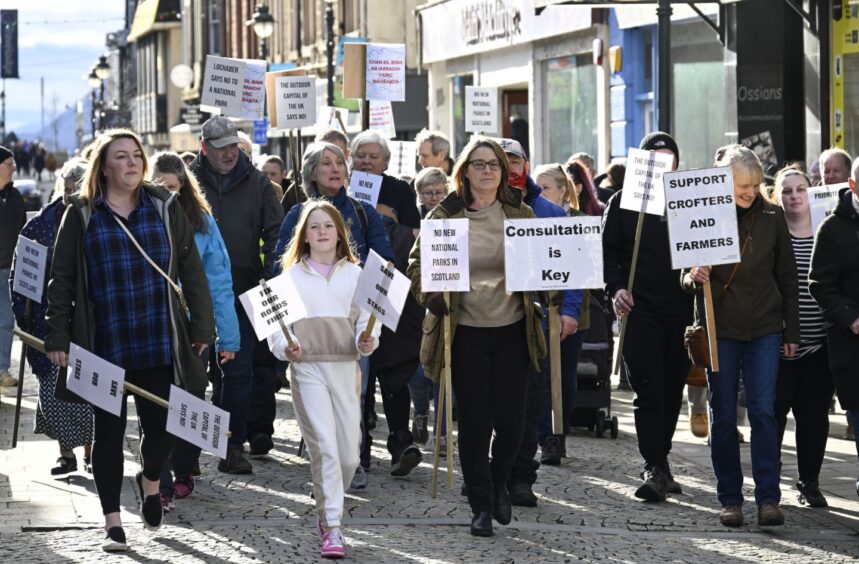 People gathered to protest against establishing a national park in Lochaber Picture shows; National park protest in Fort William. Fort William. 