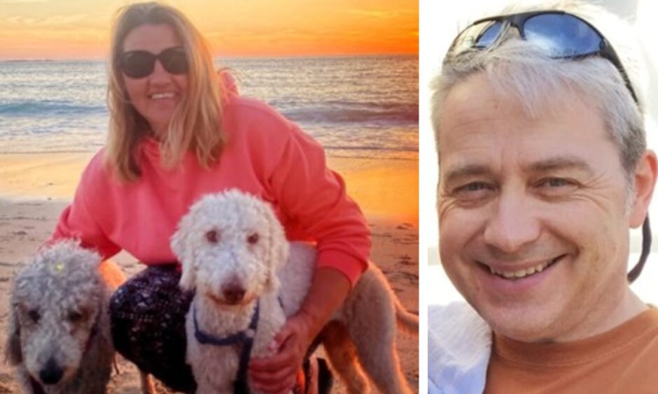 Helen Booth, 51, pictured with two dogs on a beach, and Chris Haycock, 53, from Bolton, who is smiling for the camera.