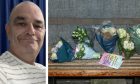A photo of Keith Rollinson and a photo of floral tributes