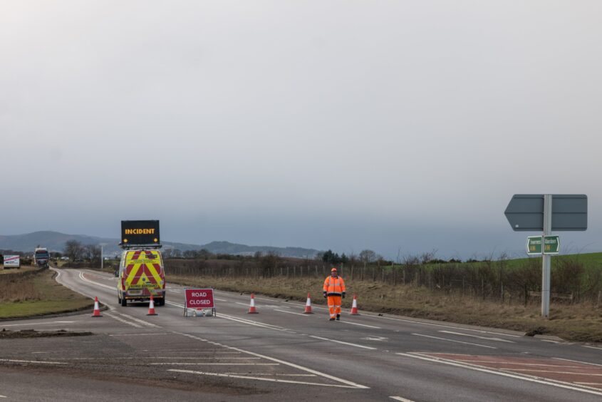 Road closed sign at Balloch on A96