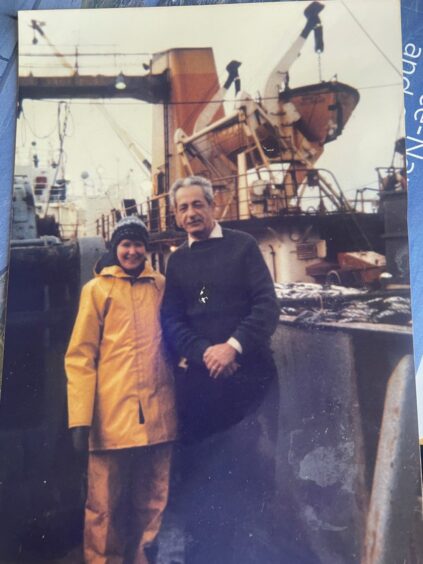 Jan Dawson with a captain of a Klondyker in Ullapool