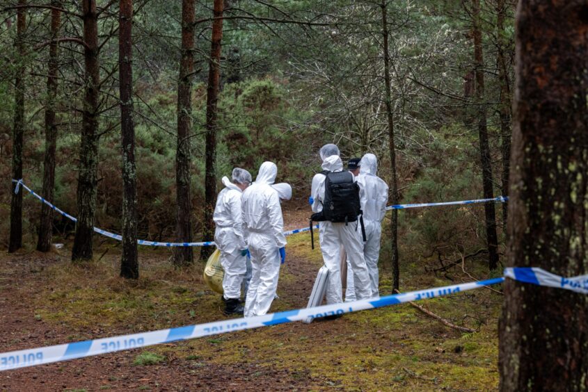 Police tape erected at Oakenhead Wood as forensic teams in white suits comb the scene.