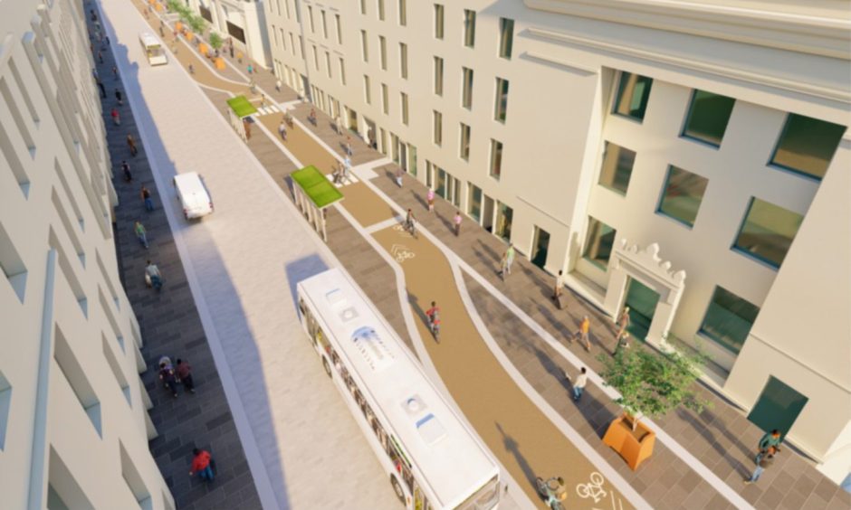 Digital rendering of the segregated bike lane in the central part of Union Street in Aberdeen.