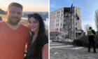 Valentyn Tkach with wife Sarah in Kyiv before the war (left), and his picture of the aftermath of a missile attack which narrowly missed his grandmother's apartment while he was staying there last month. Image: Valentyn Tkach