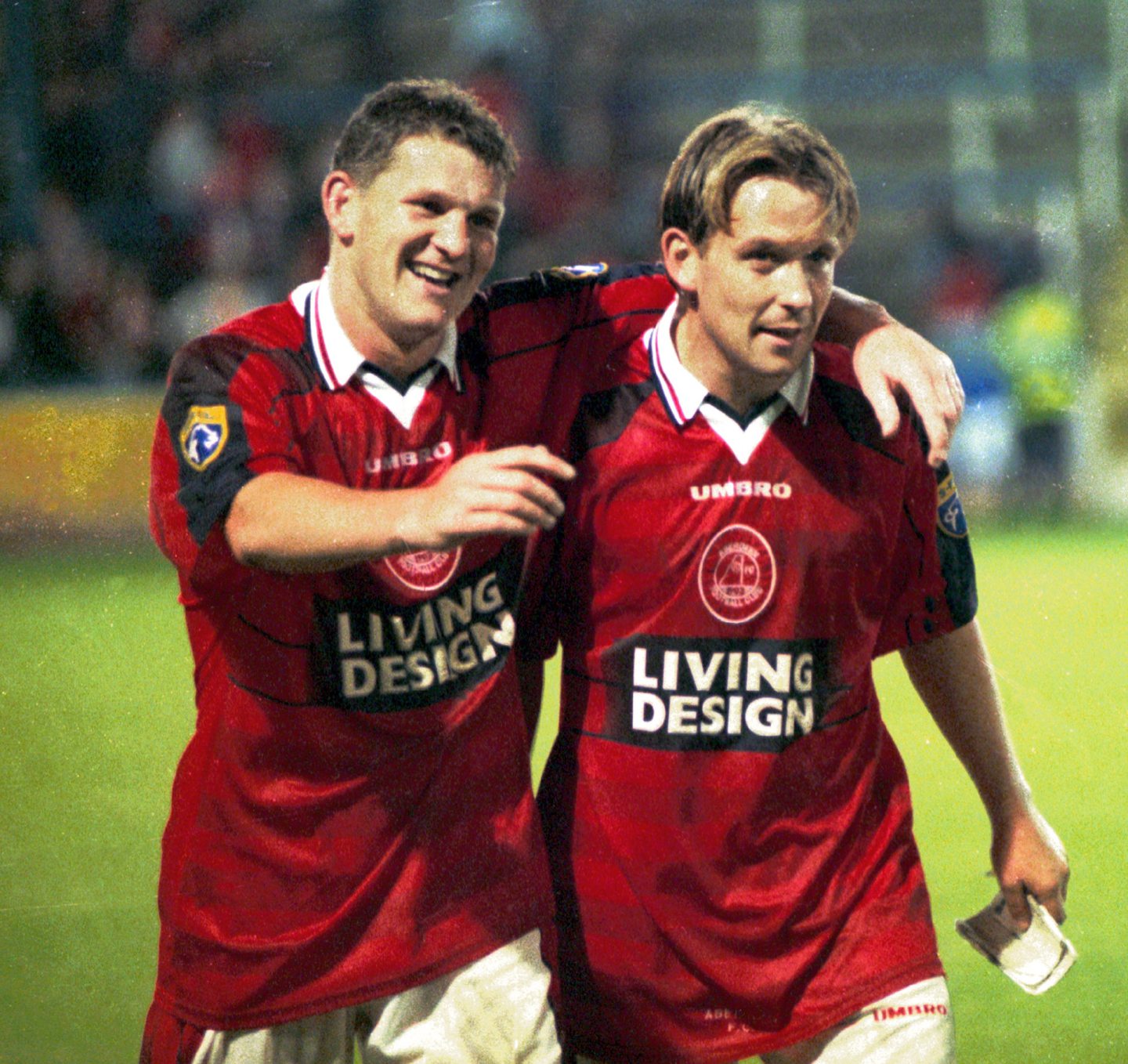 Billy Dodds and Dean Windass celebrate scoring a seven-goal haul at Cappielow against Morton in the Coca-Cola Cup 3rd Round. Morton 3 Aberdeen 7